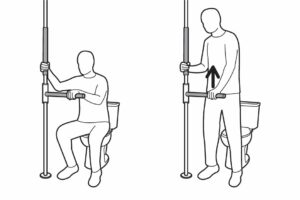 Illustrated diagram showing a person sitting and standing next to a HealthCraft SuperPole with SuperBar to demonstrate proper height placement.
